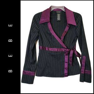 Bebe Women Pinstripe Faux Wrap Top Blouse Small